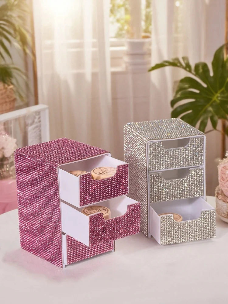 3 levels Glitter Diamond Storage Box Drawer Makeup Organizer Transparent Acrylic Cosmetic Case for Jewelry Desktop Organizer