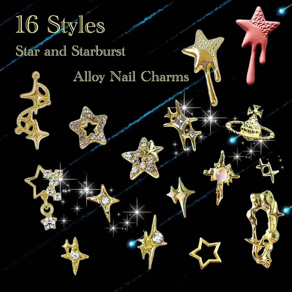 124PCS Star 3D Nail Charms for Acrylic Nails, Gold Alloy Nail Gems Starburst Nail Accessories, Nail Rhinestones for Nail Art