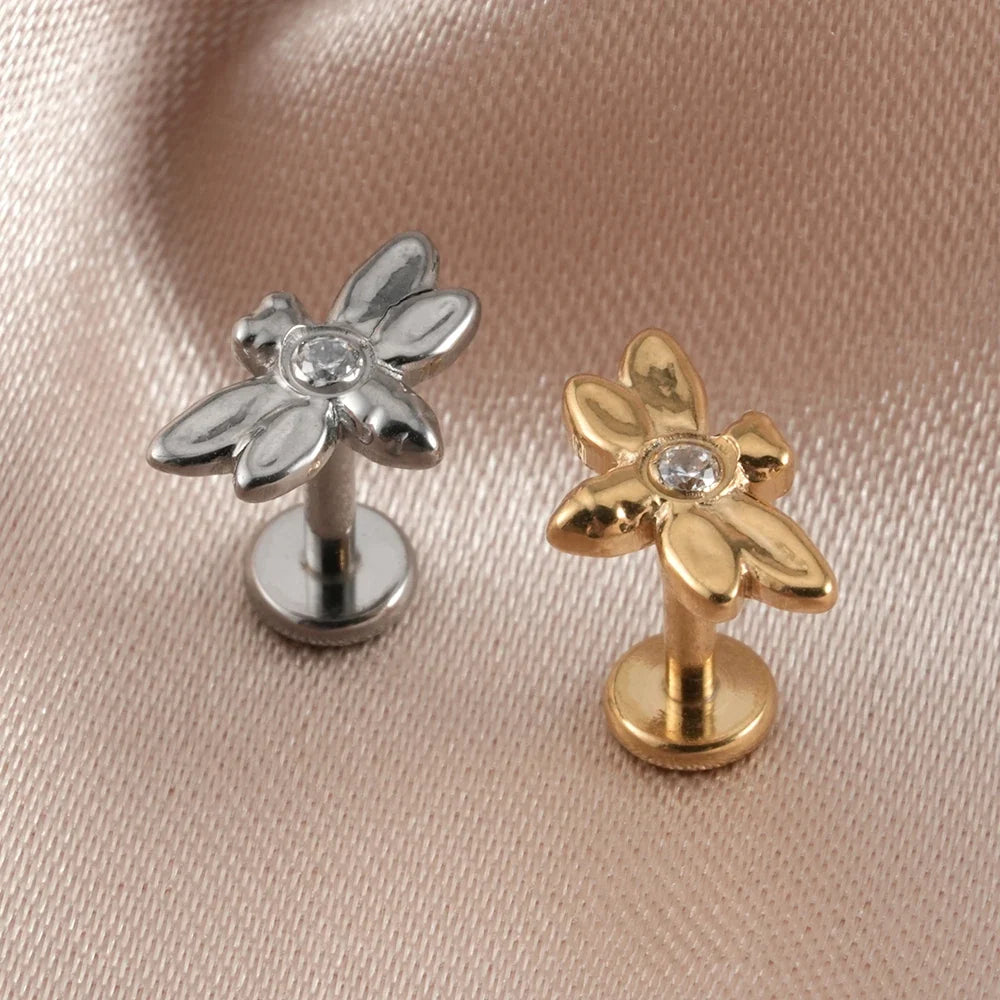 Right Grand ASTM F136 Titanium 16G Internally Threaded CZ Dragonfly Helix Cartilage Tragus Earring Labret Lip Stud Piercing