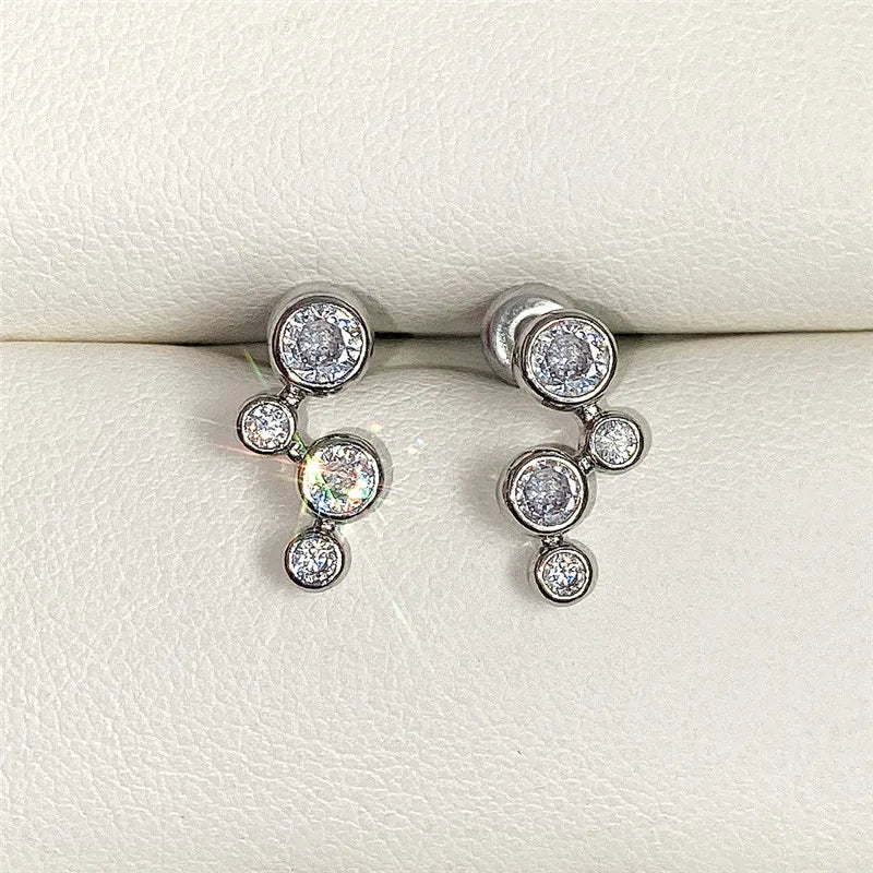 Huitan Minimalist Silver Color Stud Earrings for Women Round Cubic Zirconia Low-key Lady Ear Earrings Nice Gift Fashion Jewelry