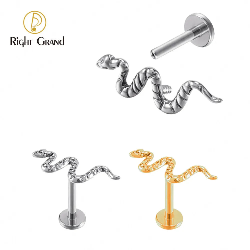 Right Grand ASTM F136 Titanium Implant Grade 16G Internal Thread Snake Labret Tragus Lip Rings Studs Helix Earring Piercings