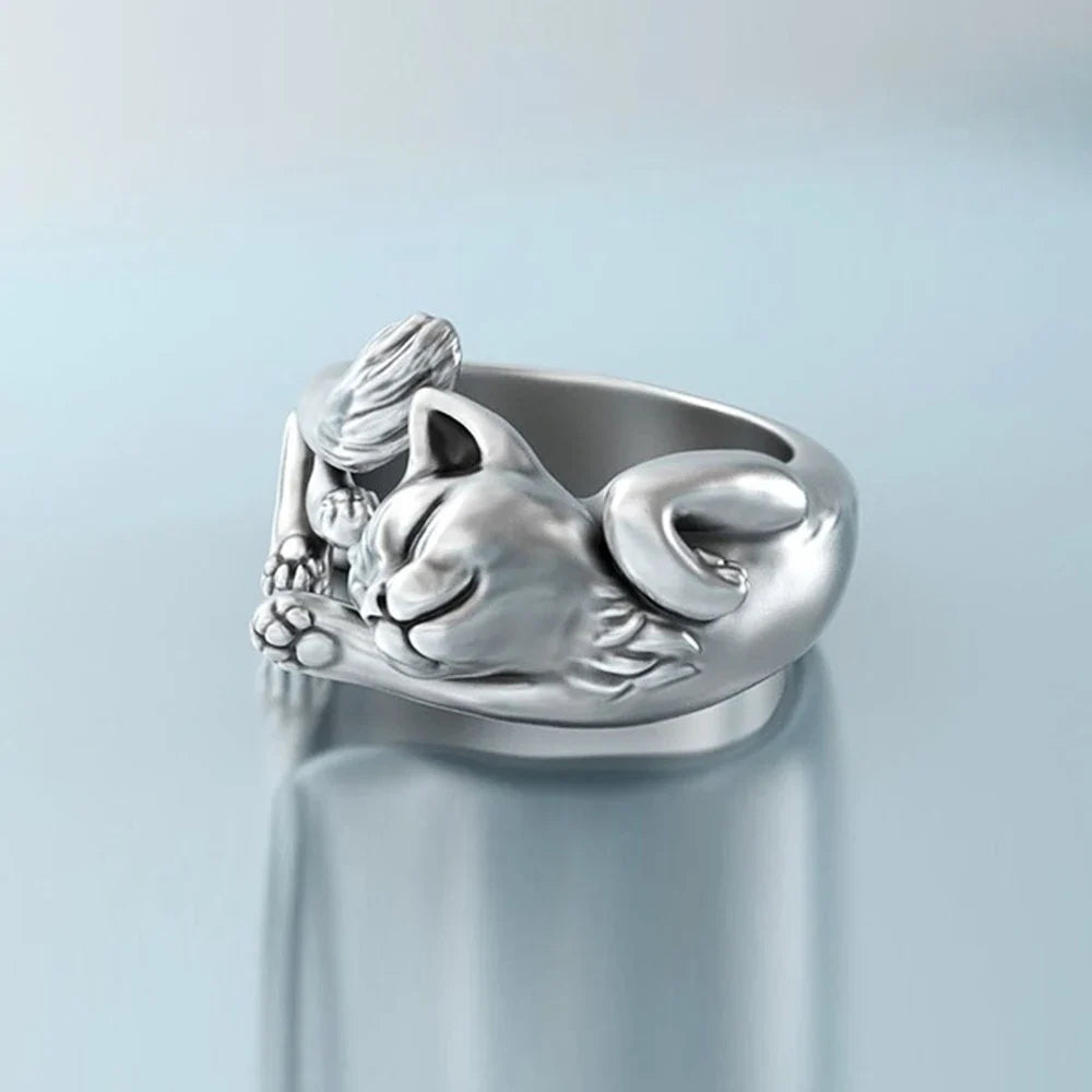 Huitan Cute Fortune Cat Shape Women Opening Rings Silver Color Dance Party Finger Ring Delicate Lady Gift New Fashion Jewelry