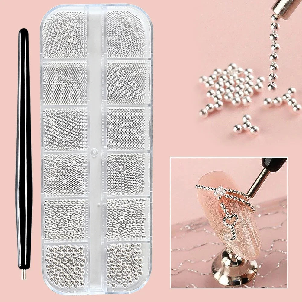 12Grids Gold/Silver Steel Beads Nail Art Charms Christmas Mixed-Size Caviar Bead With 1 Magnetic Pen Manicure Decor Rhinestones