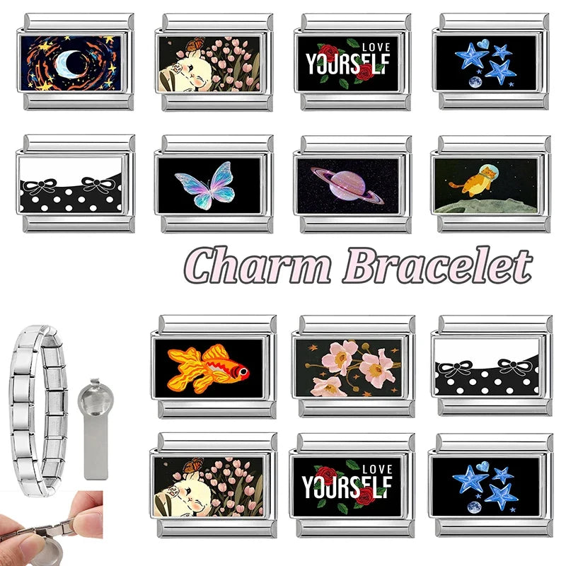 Creative Black Series Moon Star Butterfly Cat Rabbit Planet Y2K Italian Charm Links Fit 9MM Stainless Steel Bracelet DIY Making