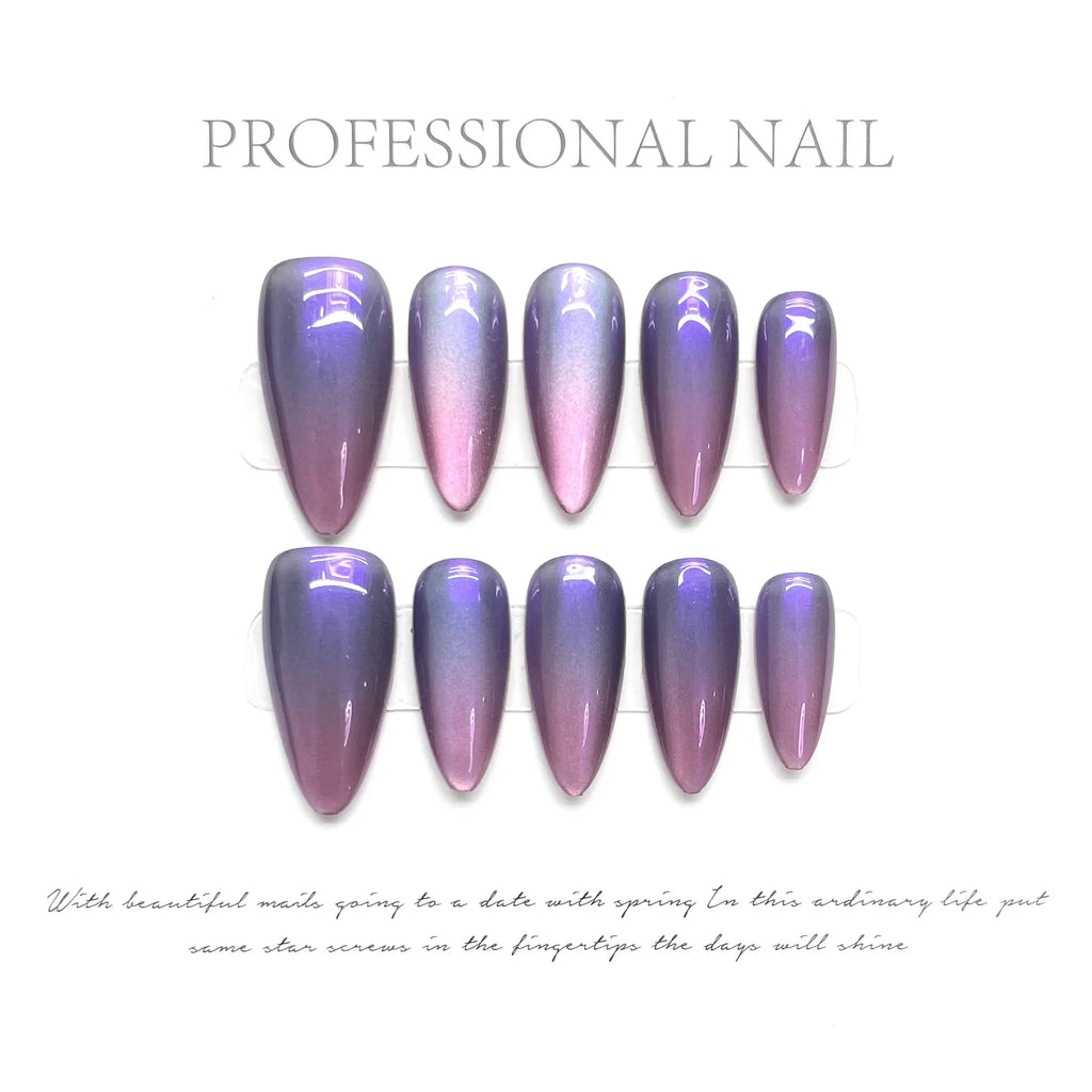 10Pcs Shiny Handmade Press on Nails Cherry Solid Color Almond Cat Eye Design Fake Nails Sparkling Removable Manicure Nail Women