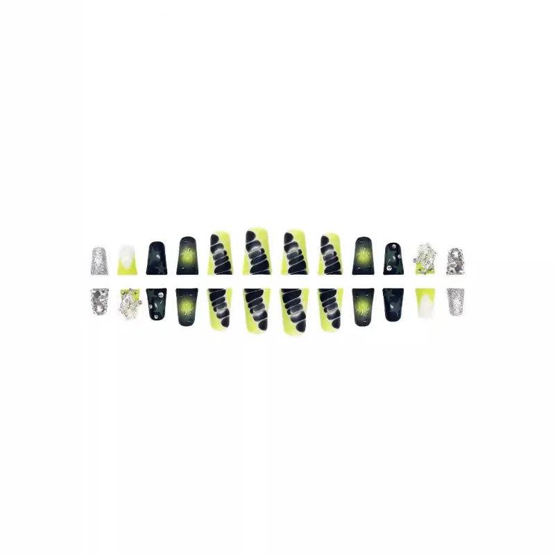 24PCS Sweet Cool Duckbill Press on False Nails Green Gradient French Fake Nails for Women 3D Star Diamonds Duck Flare Detachable