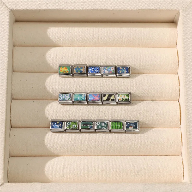 2026 New Women's Gift Beautiful Flowers Green Leaf Italian Charms Link Bead Fit 9mm Stainless Steel Modular Bracelet Jewelry DIY