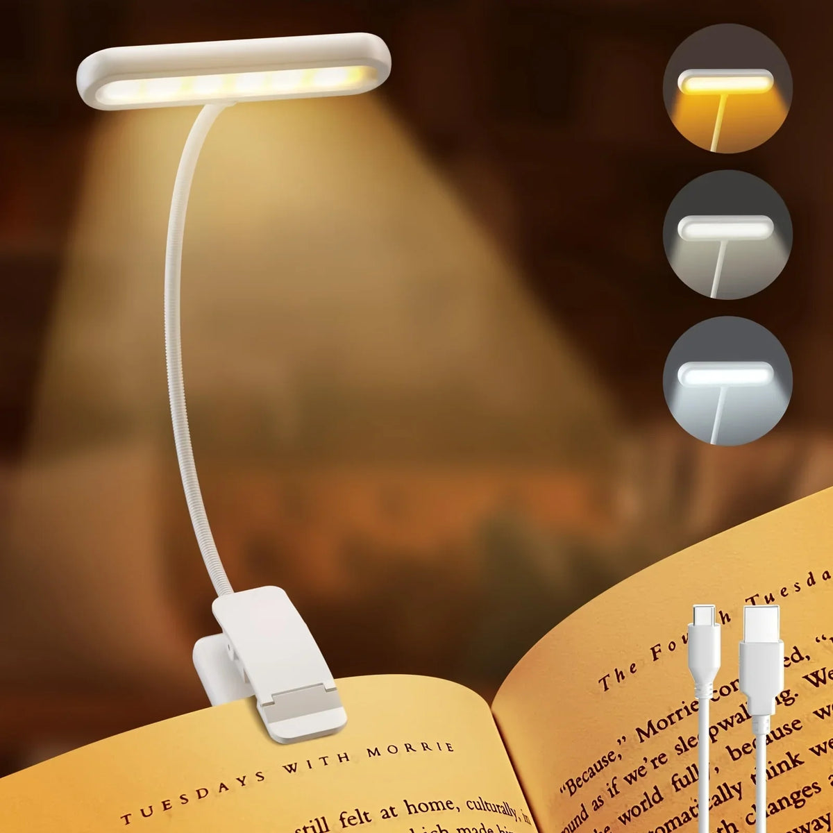 1 pcs USB Rechargeable Book Light 3 Color Adjustable LED Reading Lamp with Clamp Eye-Care Night Light for Bed, Study Desk