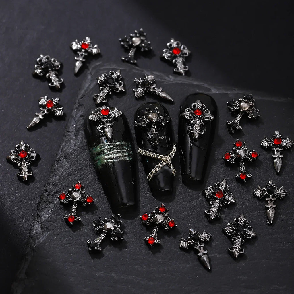 10pcs/pack Punk Style Three-Dimensional Cross Personalized Nail Art Alloy Decoration, Halloween Dark Style Cross DIY Decoration