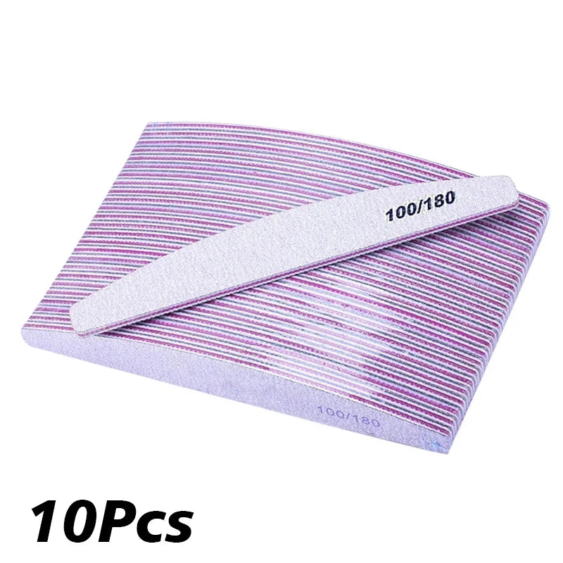 1-10Pcs Nail File Buffer 100/180 Grit Half Moon Nail Files Double Side Sandpaper Sanding Grinding Gel Nail Polish Manicure Tool