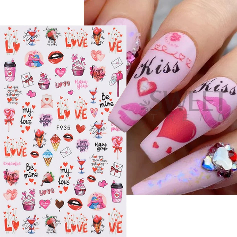 4pcs Valentine's Day Nails Stickers Cute Cartoon Love Heart Line Sliders for Nail DIY Design Self Adhesive Decals Manicure Decor
