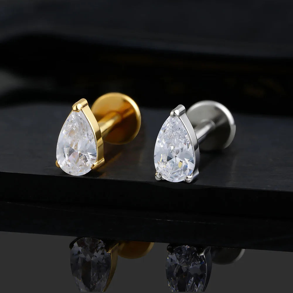 Right Grand ASTM F136 Titanium Teardrop CZ Cartilage Earring 16G Dainty Pear Forward Helix Stud Flatback Labret Piercing Jewelry