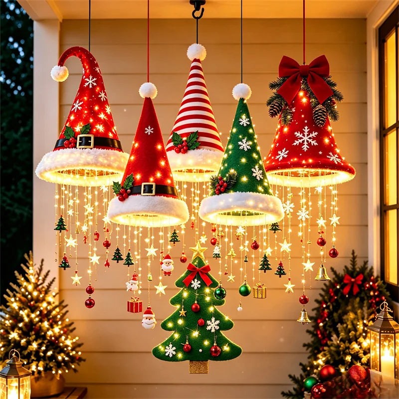 DIY Lighted Santa Hat Chandelier - Warm LED Glowing Christmas Ornaments Hanging Chandelier 5 Styles for Festive Decor