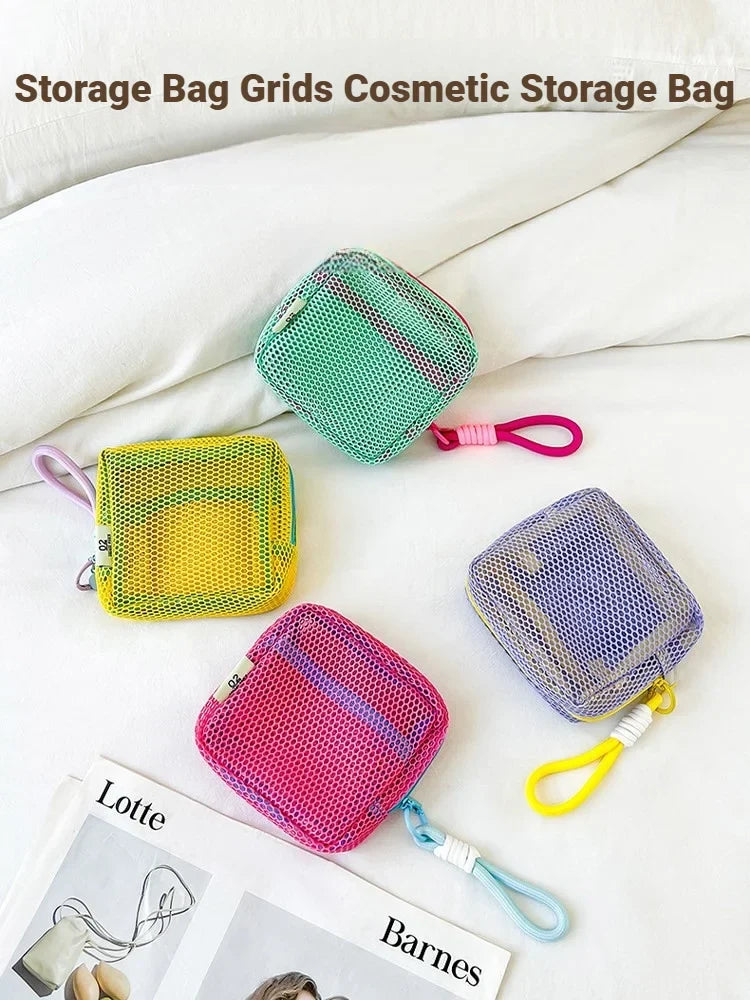 Stylish Square Mesh Zipper Storage Pouch For Cosmetics Keys Coins Stationery Ideal As Cute Gifts