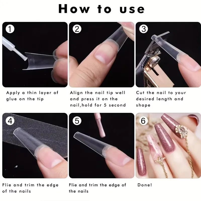 240-Piece Nail Art Set, Finished C-Shaped Rhinestone Tube Nails, Cowboy Nails, Extended French False Nails, with Box Packaging