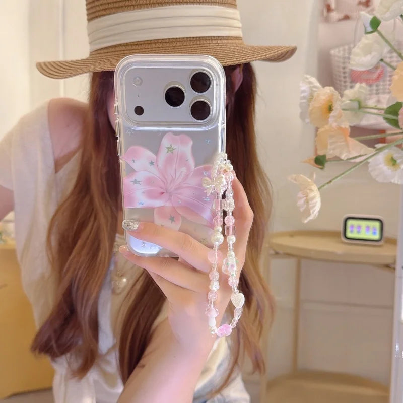 Pink Lily Flower Pattern IMD Silver Mobile Phone Case with Chain for iPhone 18, 17,  6, 15, 14, 13, Pro, Promax, Shockproof