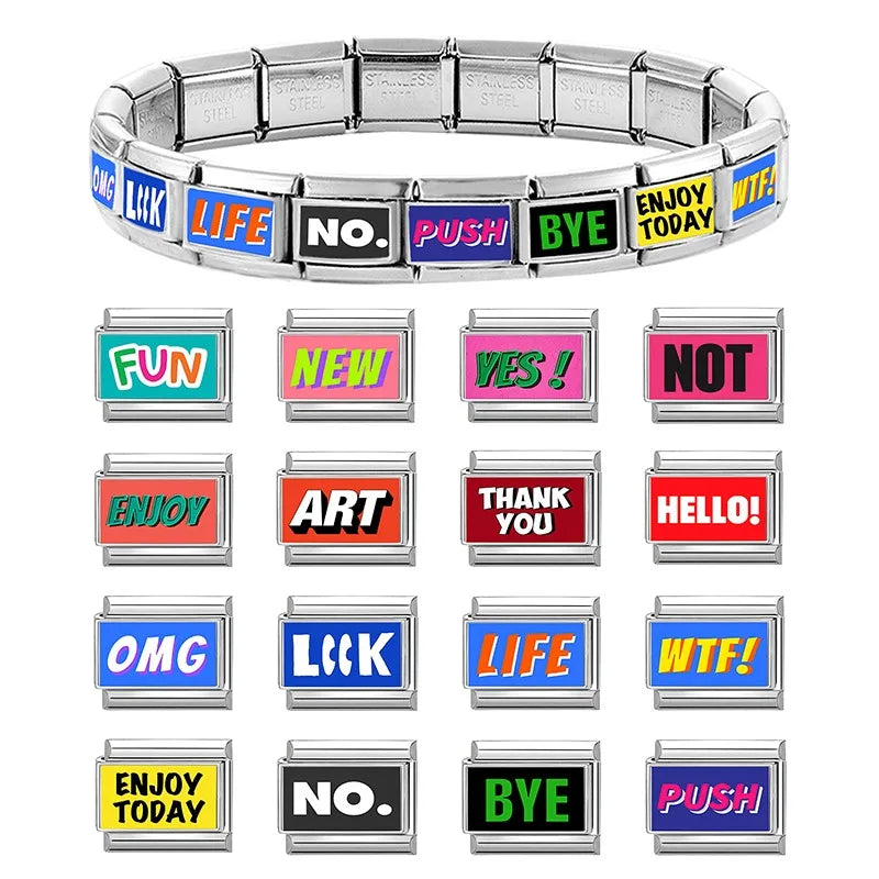 2025 Women's Fashions Colorful English Words LIFE OMG BYE NO Italian Charm Links Fit 9mm Stainless Steel Bracelet Making Jewelry
