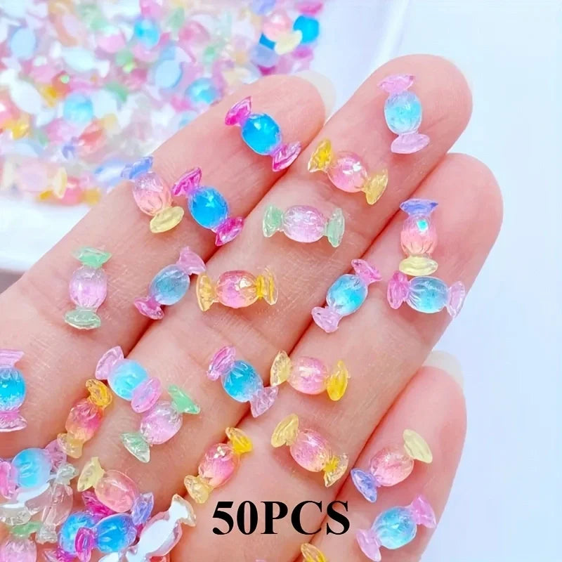 50 pcs Cute Mini 4x10mm Glossy Resin Candy Charms - Pastel Iridescent Flat-Back Nail Art Decorations for DIY Crafts, Jewelry Mak