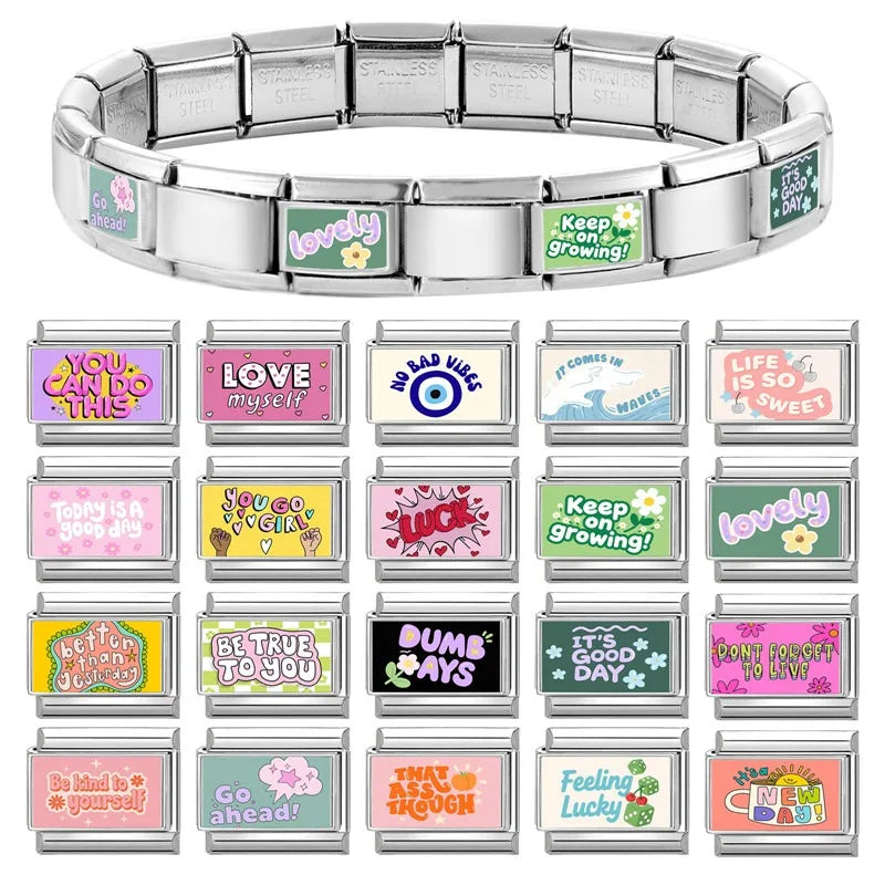 2025 Women's Fashions Colorful English Words LIFE OMG BYE NO Italian Charm Links Fit 9mm Stainless Steel Bracelet Making Jewelry