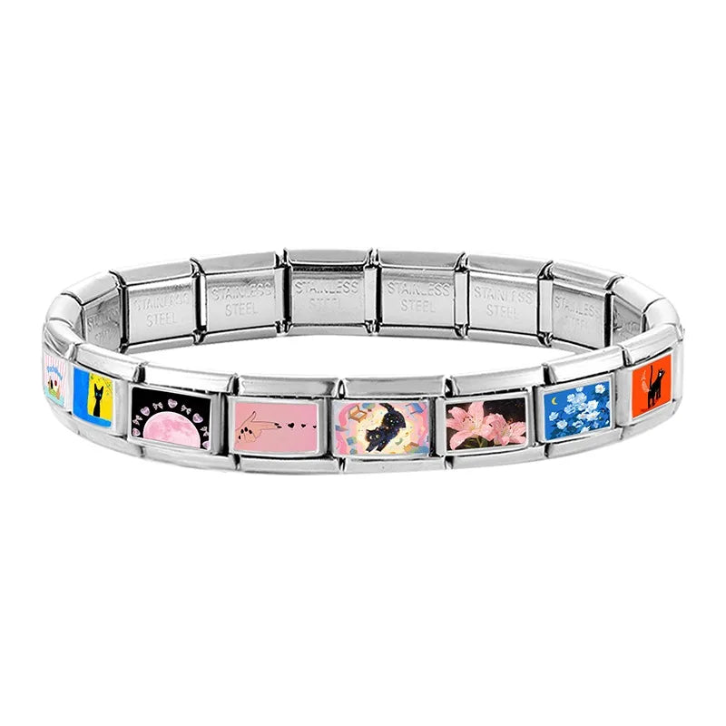 Y2K Beautiful Pink Lily Flowers Moon Cats Italian Charms Fit 9mm Stainless Steel Women Men Bracelet DIY Making Jewelry Wholesale