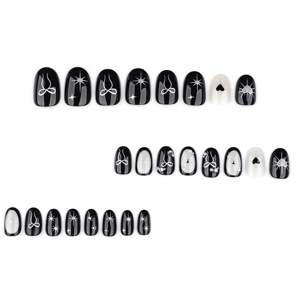 24pcs Gothic Style Black Fake Nails Silver Love Heart Bowknots Designs Y2k Press On Nails Short Almond Wearable False Nail Tips