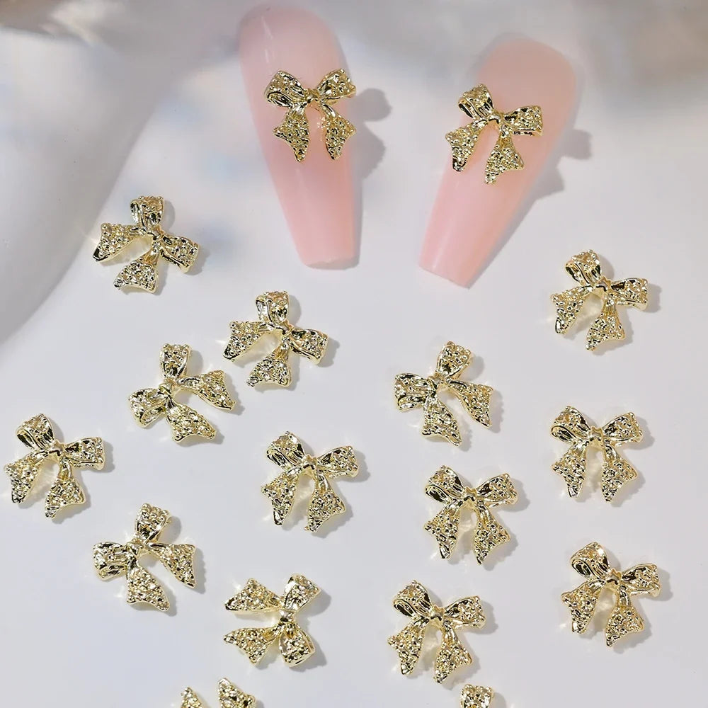 50Pcs 3D Gold/Silver Alloy Ribbion Bowknot Nail Charms 10x11mm Alloy Bowknot Nail Art Decor 3D Luxury Alloy Bow Manicure Parts