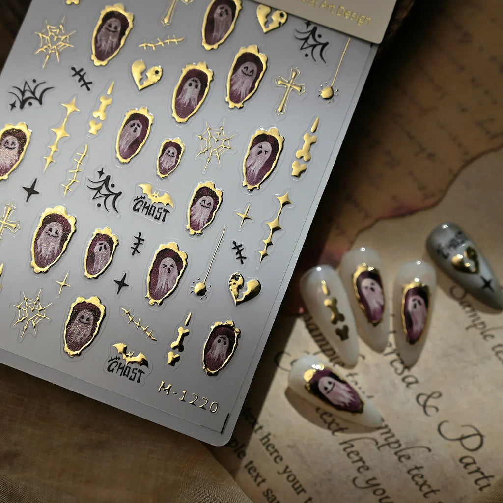 Halloween Nails Sticker Decoration 5D Retro Gilding Bat Cross Ghost Self Adhesive Nail Art Stickers DIY 3D Chic Manicure Decals