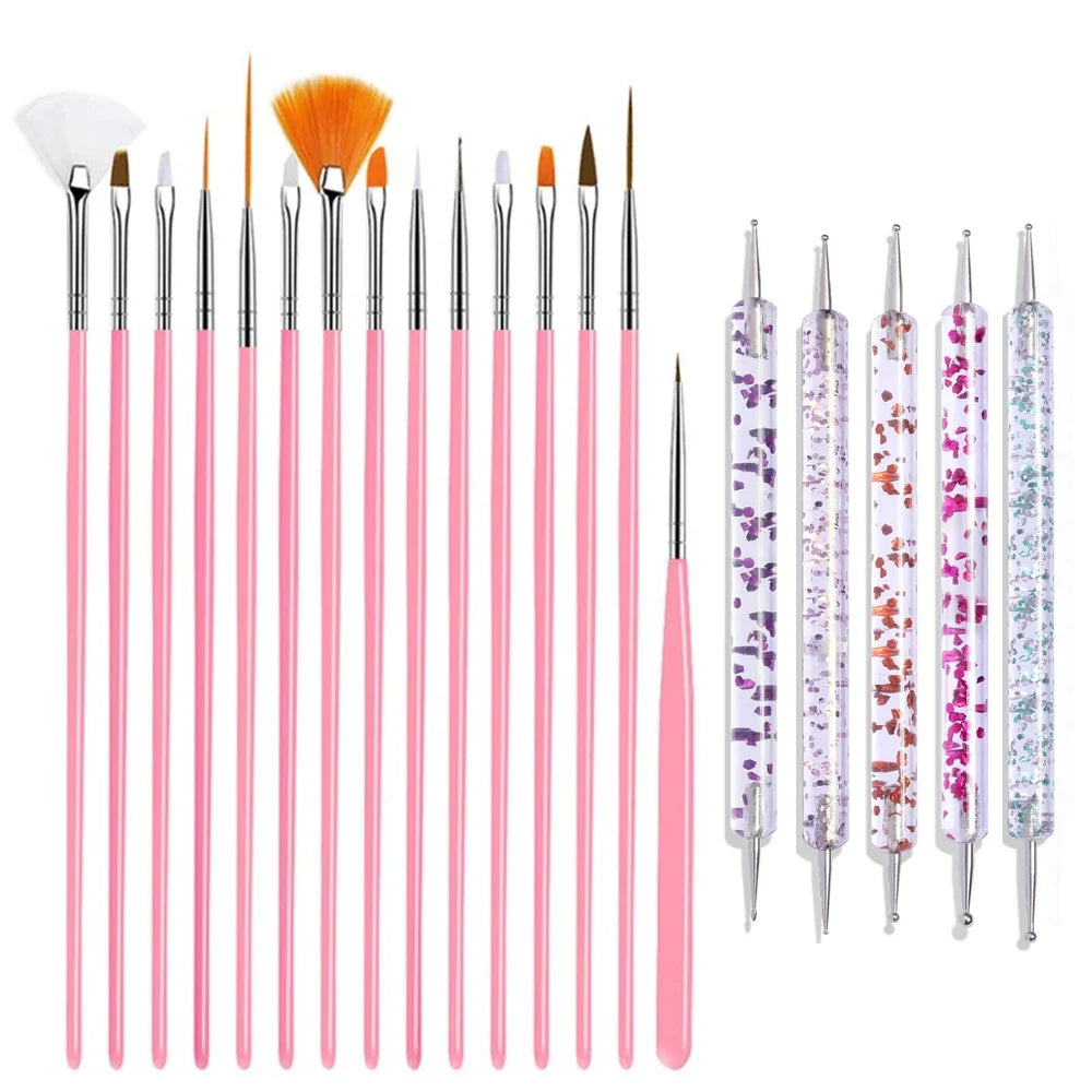 15/20Pcs Nail Art Brush Set Design Tip Painting Drawing Carving Dotting Pen FlatFan Liner Acrylic Gel UV Polish Manicure Tools
