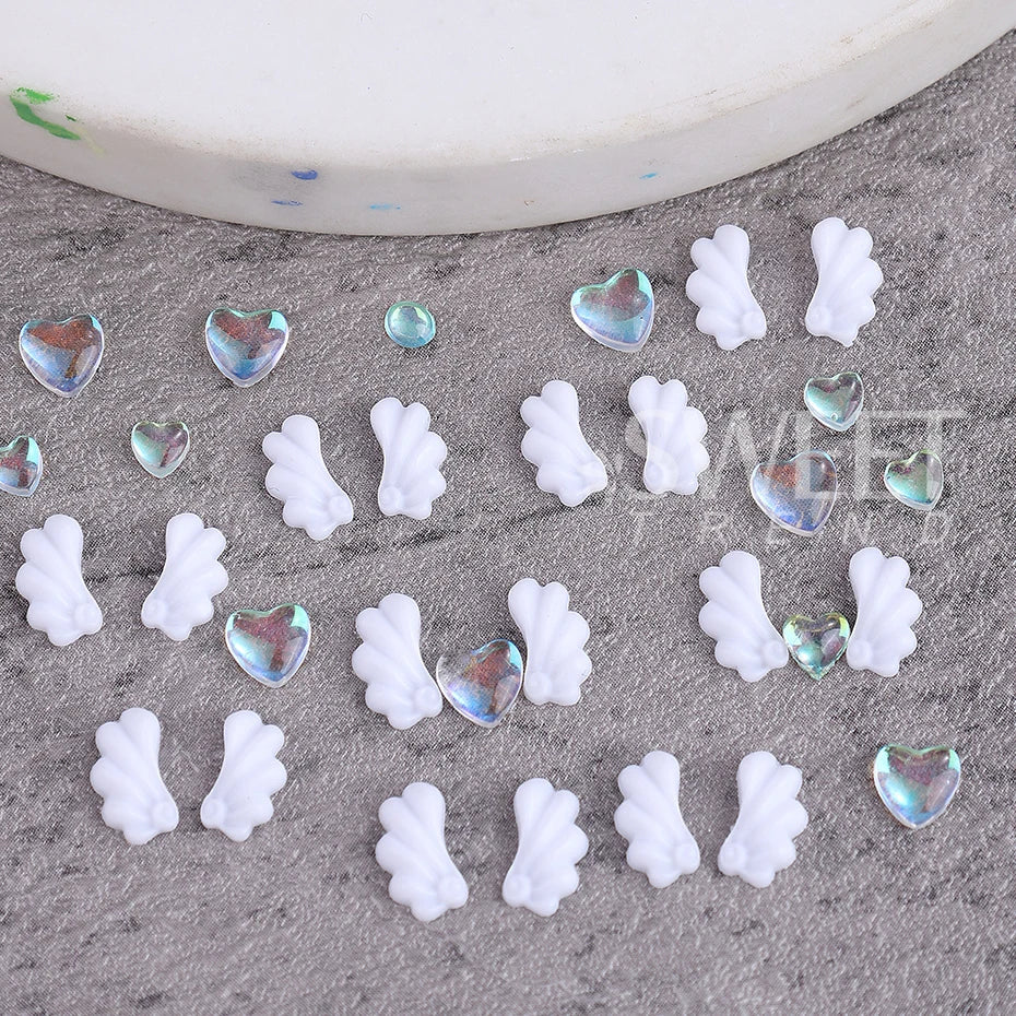 1 Box 3D Cute White Angel Wings Nail Art Charms Kawaii Love Heart Manicure Accessories Crystals Jewelry Part Nail Supplies Decor