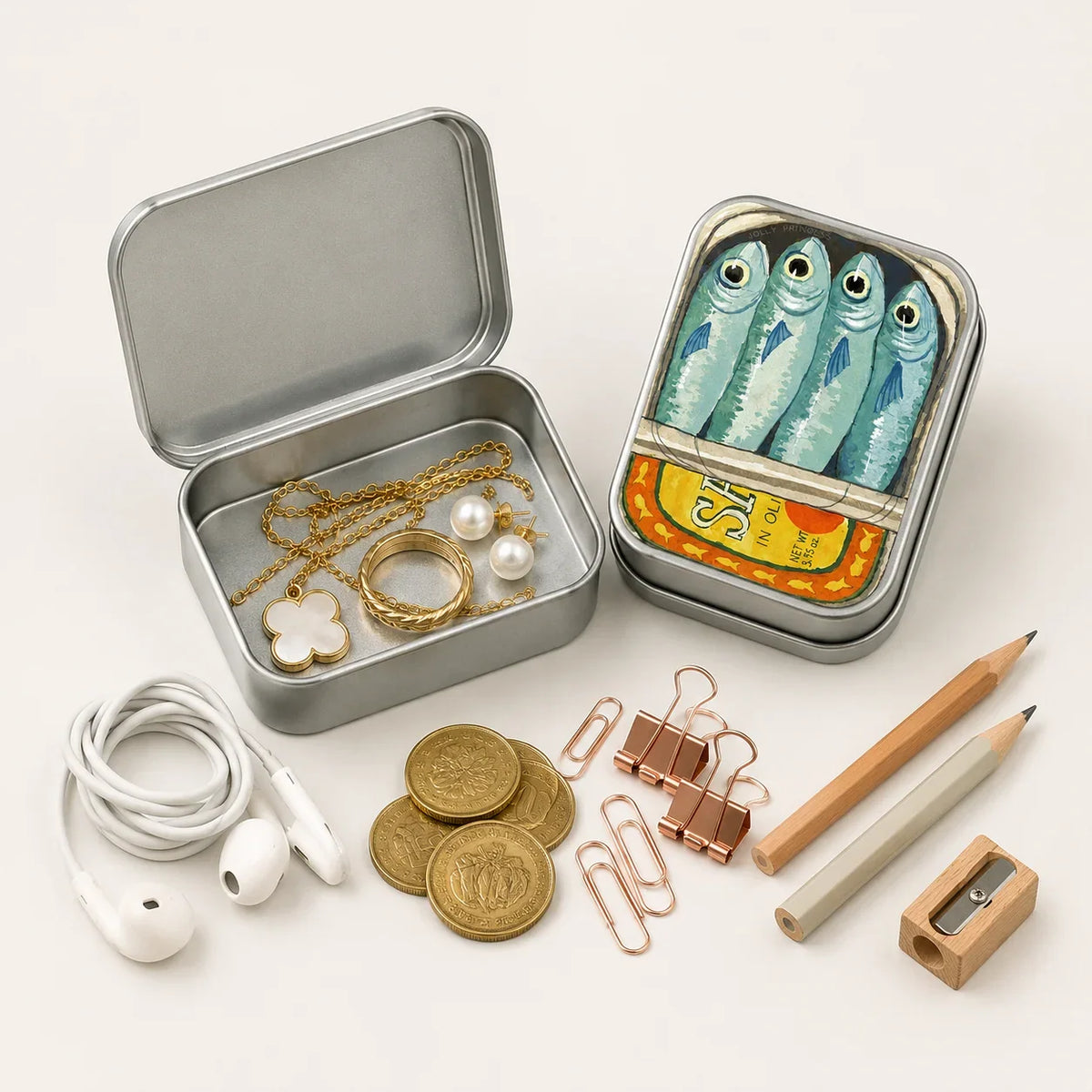 Cute Retro Fish Cat Mini Metal Tin Box, Portable Storage Case for Earbuds Jewelry Pills Coins Travel Desk Gift