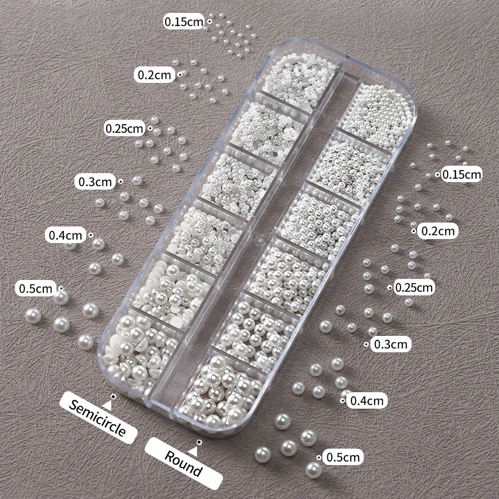 12Grids 3D White Round/Semicircle Pearls Nail Art Charms 0.15-0.5cm Faltback Pearl Caviar Bead Rhinestone DIY Manicure Accessory