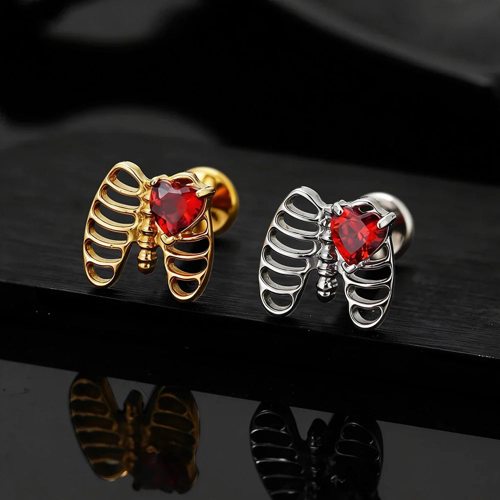 Right Grand ASTM F136 Titanium Heart CZ Rib Cage Cartilage Earring 16G Gothic Skeleton Helix Labret Stud Nose Piercing Jewelry