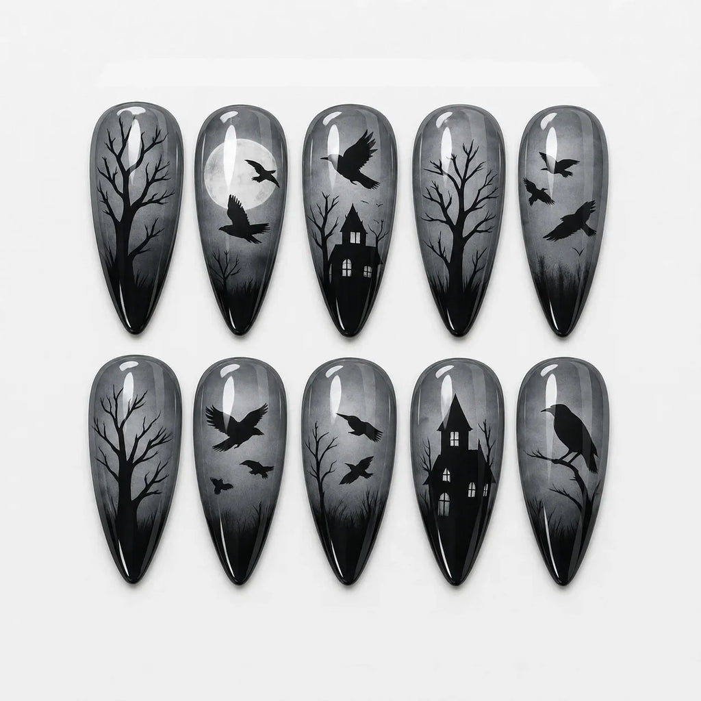 30pcs Halloween Press On Nails Gothic Skeleton Skull Spider Web Black Cat Haunted House Fake Nail Almond False Nail for Women