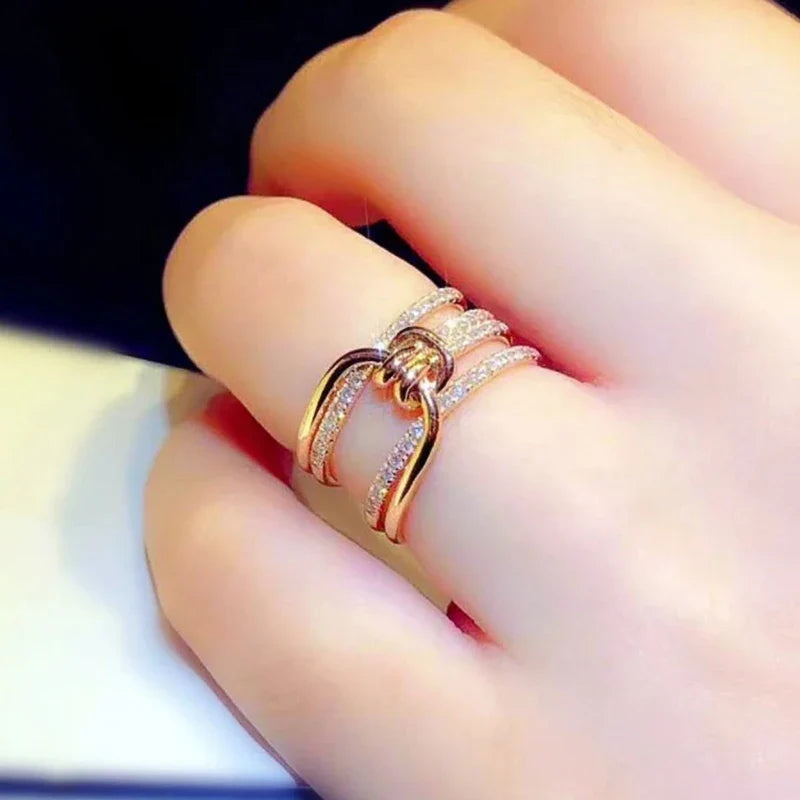 Huitan New Cross Design Gold Color Rings for Women Luxury Paved Sparking Cubic Zirconia Wedding Bands Party Statement Jewelry