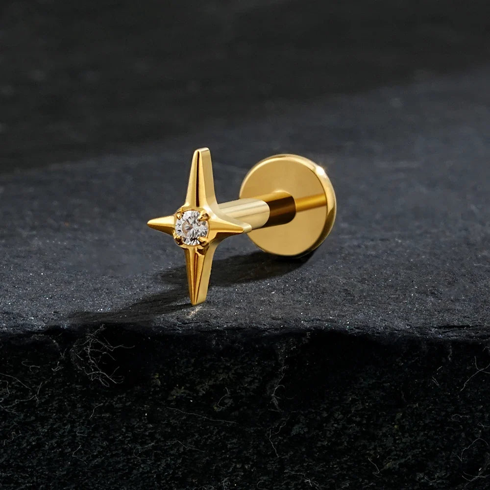 Right Grand ASTM F136 Titanium Four Point Star Flat Back Stud 16G Tiny CZ Cartilage Earring Helix Tragus Nose Piercing Jewelry