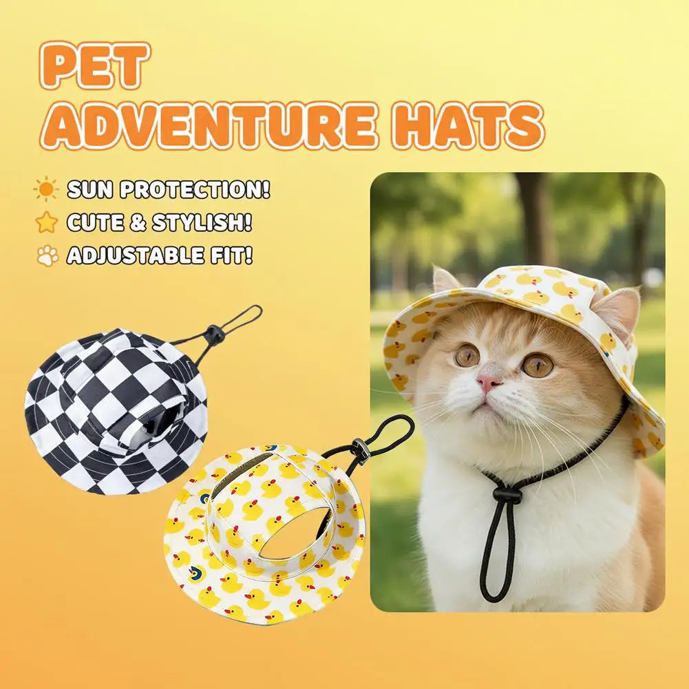 Summer UV Protection Pet Sun Hat Checkered Dog Fisherman Cap with Ear Holes Adjustable Bucket Hats for Small Medium Dogs