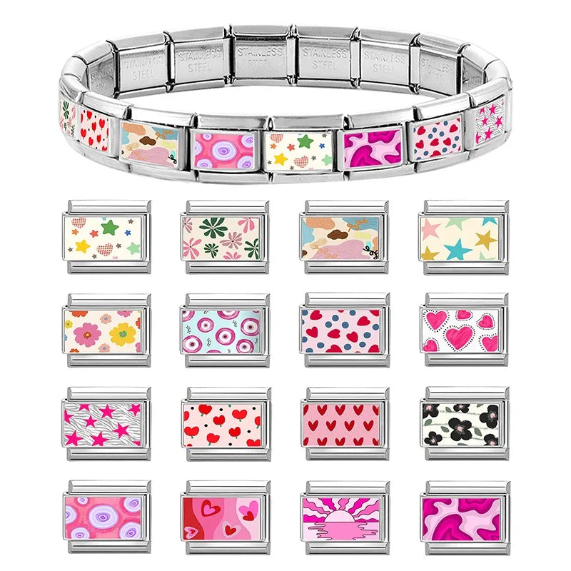 New Cute Colorful Dairy Cow Red Loving Heart Stars Leaf Flowers Italian Charm Links Fit 9mm Stainless Steel Bracelet DIY Making