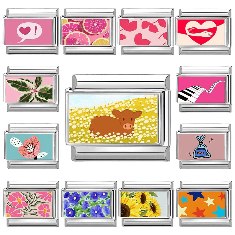 Wholesale 2026 Fashion Cute Cow Flowers Field Fish Bag Charm Italian Links Fit 9mm Bracelet Stainless Steel Making DIY Jewelry