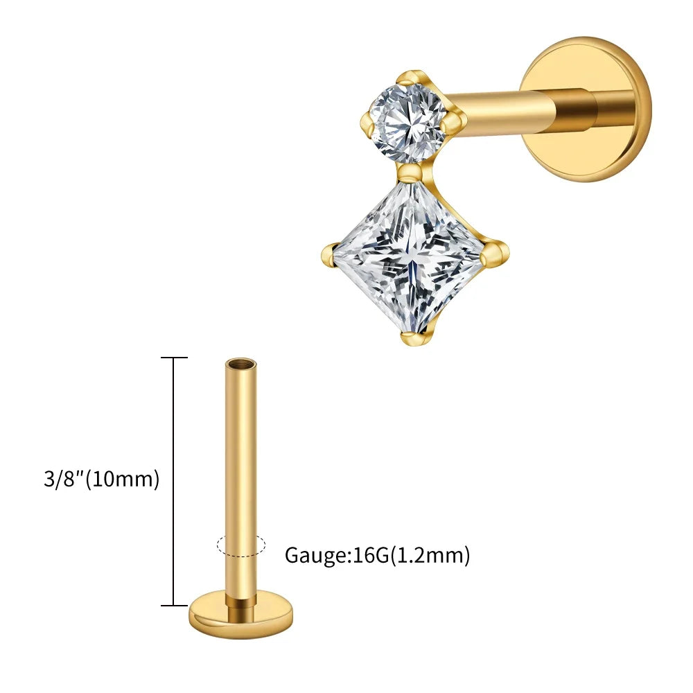 Right Grand ASTM F136 Titanium 16G Square & Round CZ Labret Stud Helix Conch Cartilage Earring Tragus Stud Piercing Body Jewelry