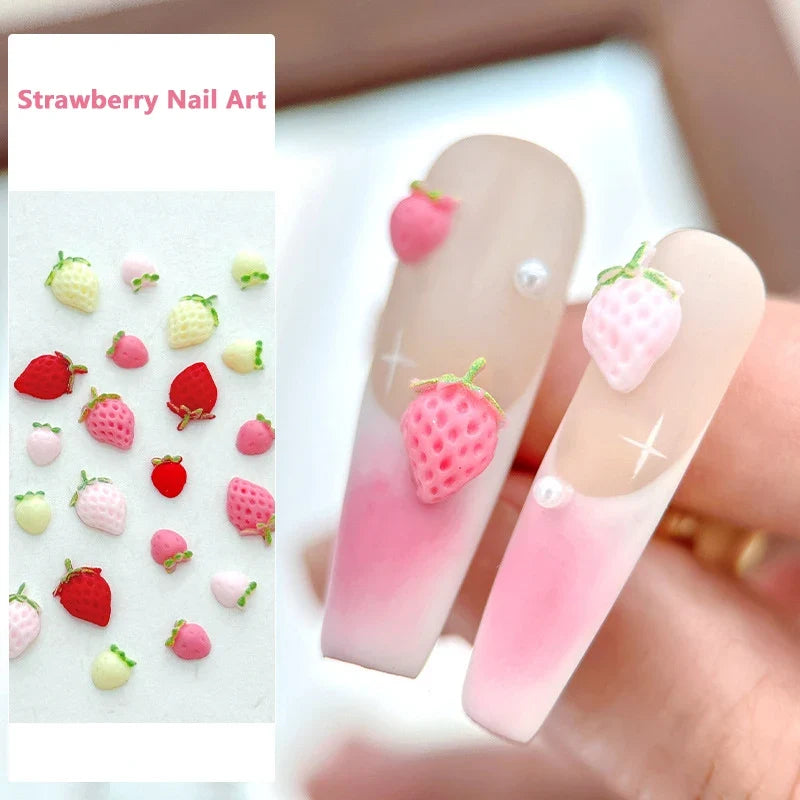 50PCS 3D Resin Cartoon Fruits Nail Rhinestones Decorations Parts Sweet Strawberry Nail Charms DIY Summer Nail Art Accessories