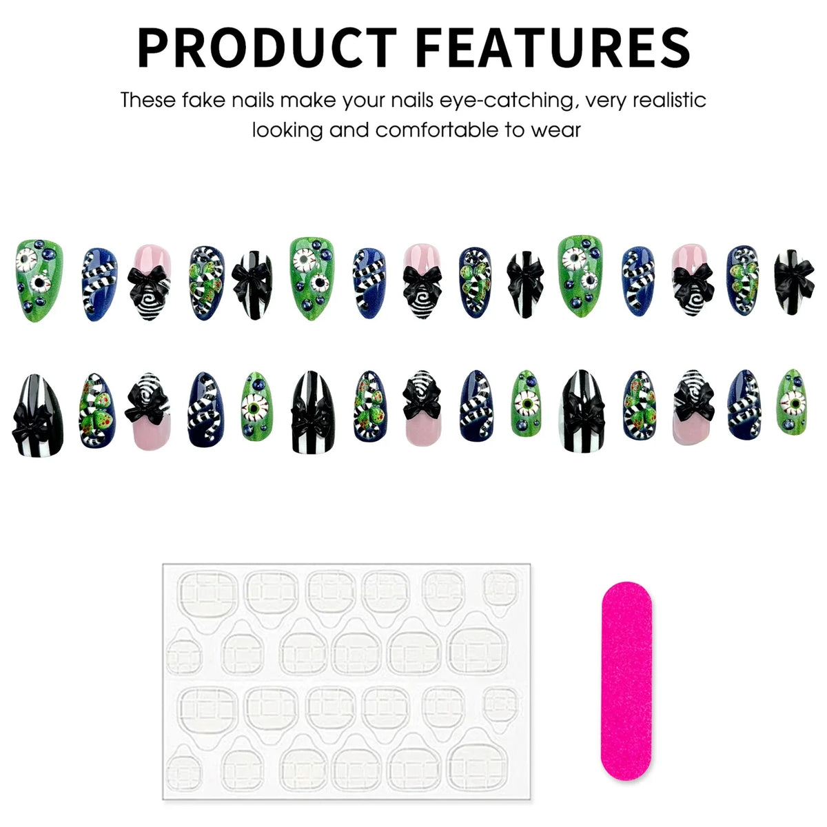 30pcs 3D Spooky Eyeballs Press On Nails Halloween Theme Horror Almond False Nails With Bows Black White Stripes Decor Fake Nail
