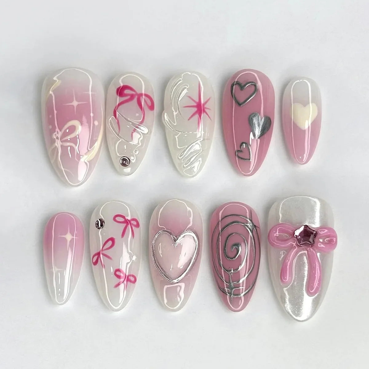 24PCS Retro Almond False Nails Pink Blue Stripes French with Zebra Print Patterns Sweet Cool Press on Nails Wearable Full Cover