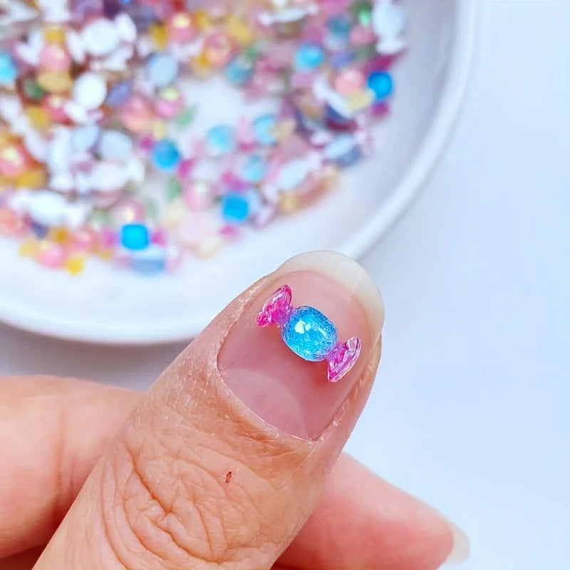 50 pcs Cute Mini 4x10mm Glossy Resin Candy Charms - Pastel Iridescent Flat-Back Nail Art Decorations for DIY Crafts, Jewelry Mak