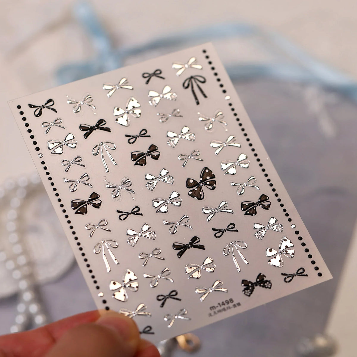 Metal Bow 5D Nail Art Stickers Black White Dot Bow Silver Embossed Y2K Bowknot Self Adhesive Punk Nail Decor Manicure Supplies
