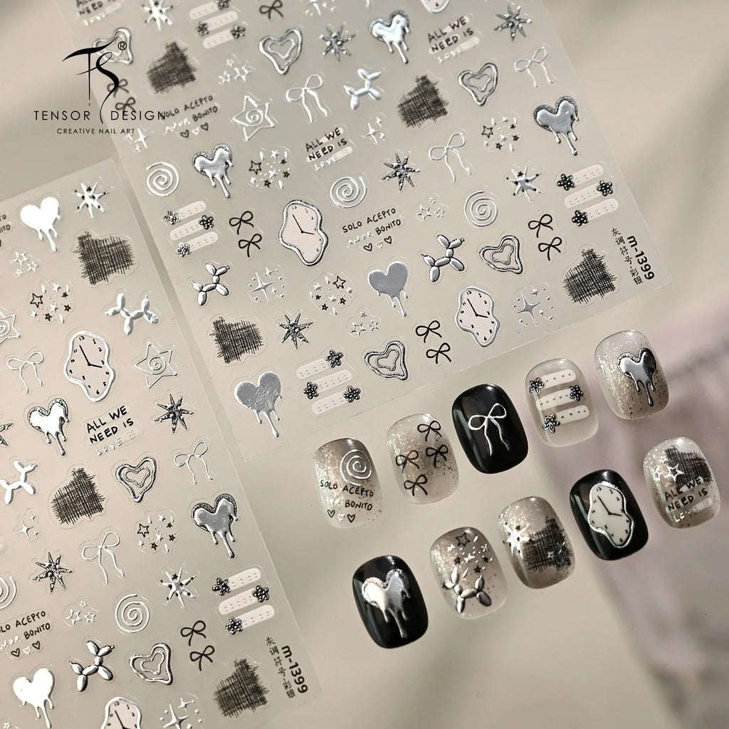 5D Nail Stickers Cute Stars Bow Nail Art Stickers Silver Metallic Metal Graffiti Gray Y2K Symbol DIY Nail 3D Decorations Decals
