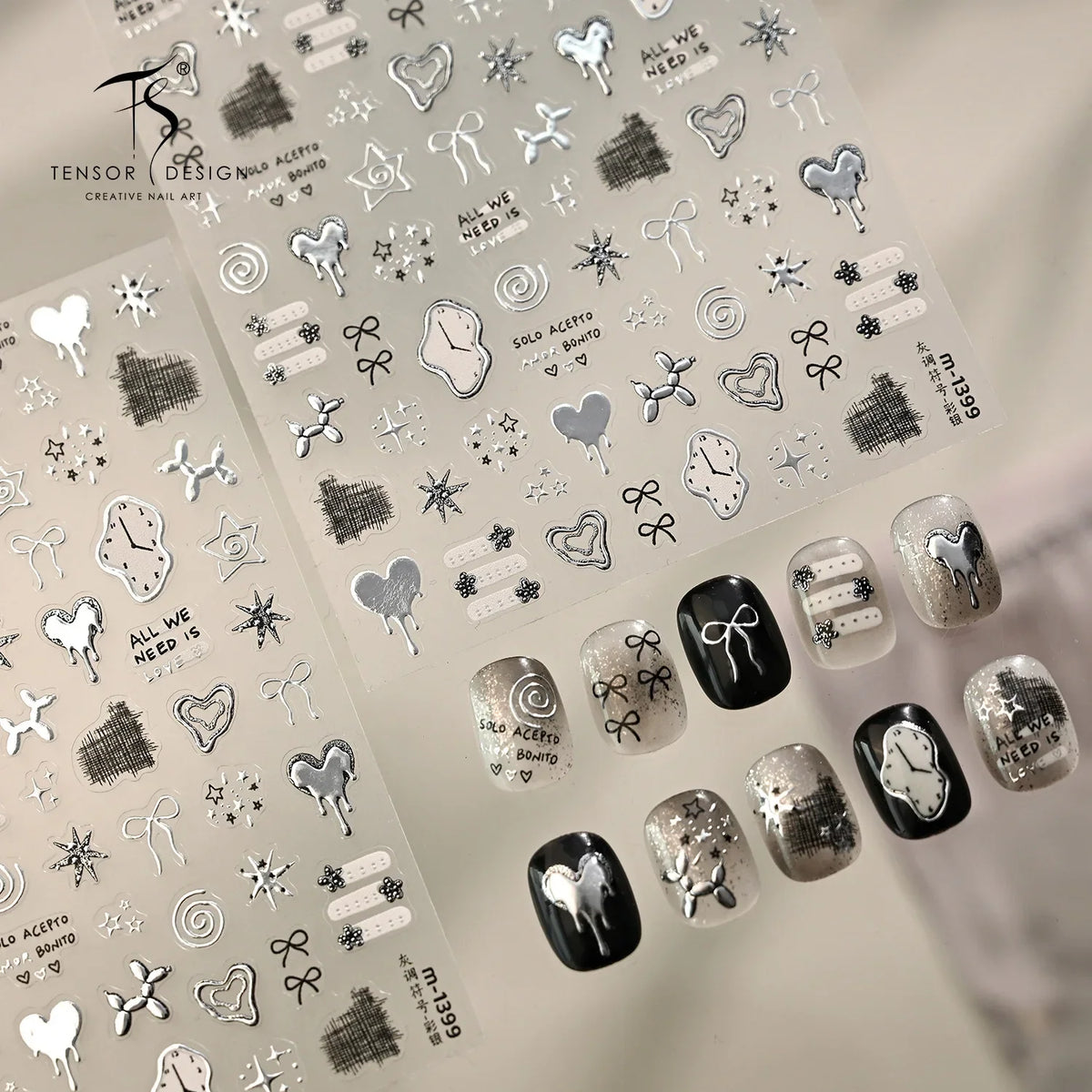 5D Nail Stickers Cute Stars Bow Nail Art Stickers Silver Metallic Metal Graffiti Gray Y2K Symbol DIY Nail 3D Decorations Decals