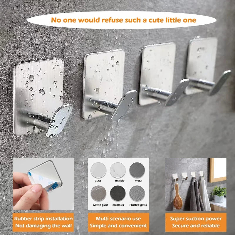 4pc/2pc Bathroom Clothes Hooks Adhesive Wall Hooks Stainless Steel Towel Racks Bathroom Kitchen Hardware Multi-Purpose Hooks