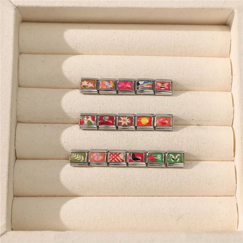 New Y2K Colorful Star Oil painting Eyes Bee Birds Italian Charm Link fit 9mm Stainless Steel Jewelry DIY Making Bracelets Gifts