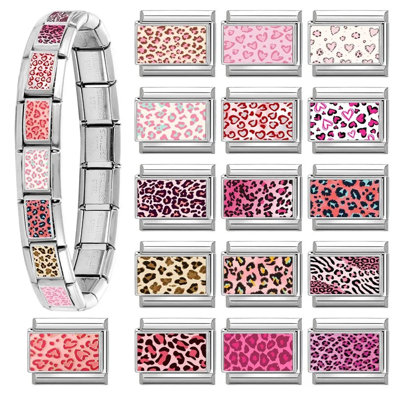 Wholesale Women Fashion Gold Leaf Pink Leopard Print Italian Charm Fit 9mm Stainless Steel Bracelet Drop Shipping Gifts Jewelrys