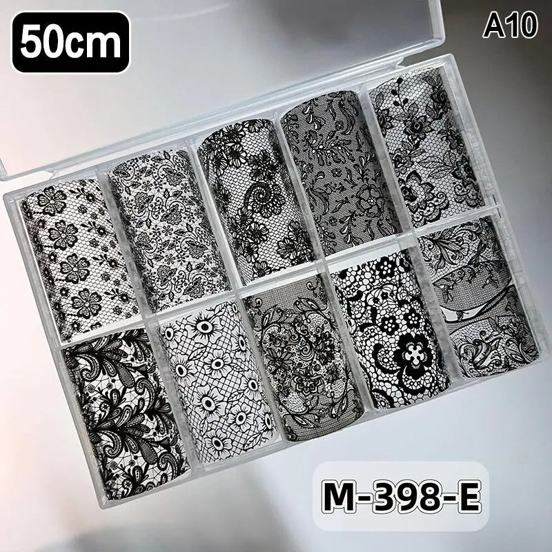 ✰✪Nail Art Transfer Foils Set Black White Red Lace Flowers Design Nail Stickers 10 Rolls DIY Manicure Decoration for Women